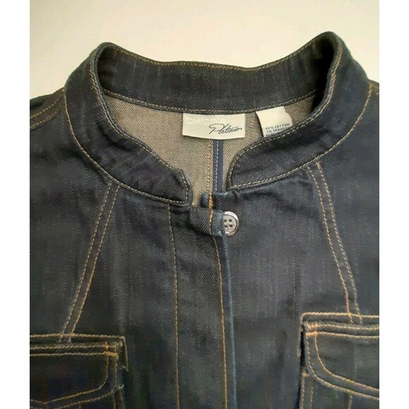Chico’s Platinum Sz L Blue Dark Wash Denim Jacket - Pockets Covered Buttons NWOT - Picture 7 of 16